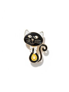 CAT BROOCH Black + White Enamel Pin Brooch Yellow Accent